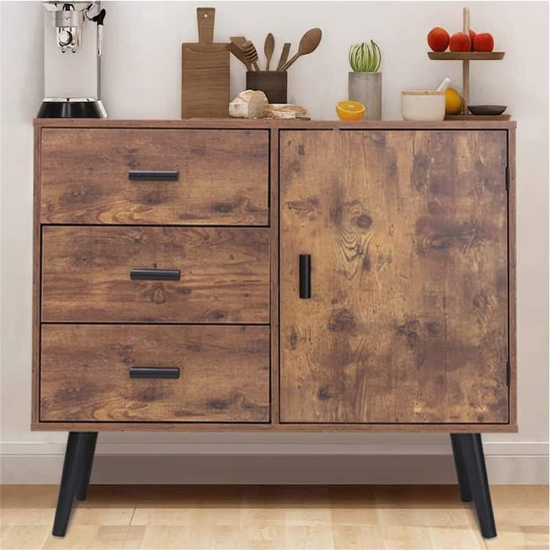 Storage Cabinet with Rattan Door 3 Drawers - 11.8"D x 31.5"W x 30.7"H - Rustic Brown