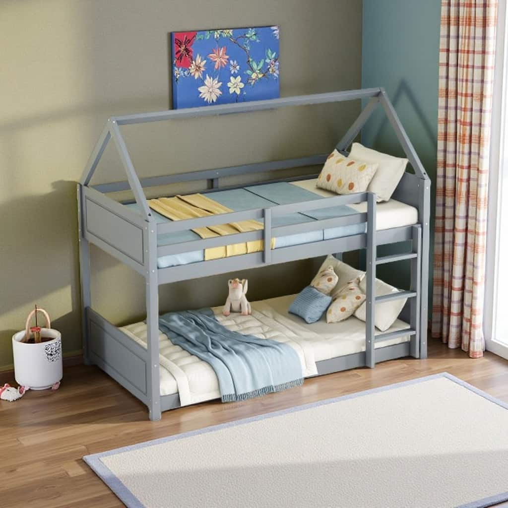 House-Style Twin Over Twin Bunk Bed with Headboards, Footboards, Guardrails, Ladder, Rubber Wood Construction