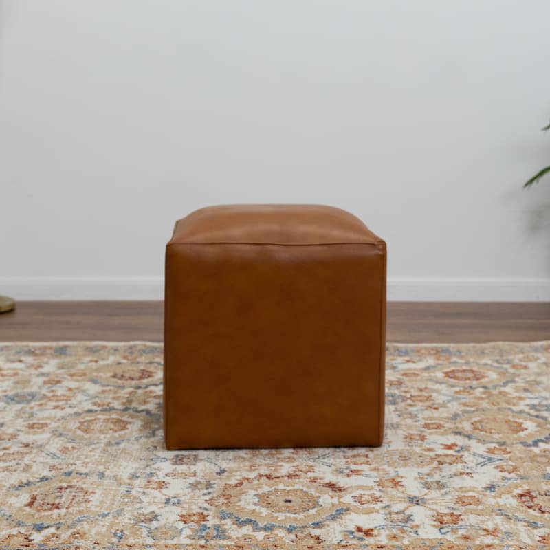 Silvana Mid-Century Design Square Genuine Leather Ottoman in Tan