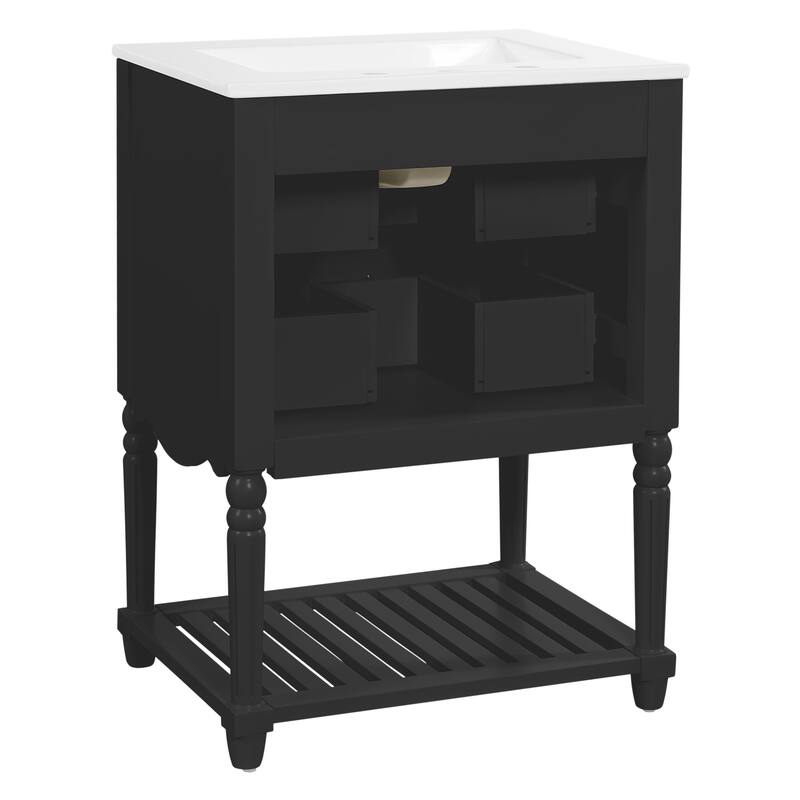 24" Bathroom Vanity with Ceramic Sink, Drawers and an Open Shelf