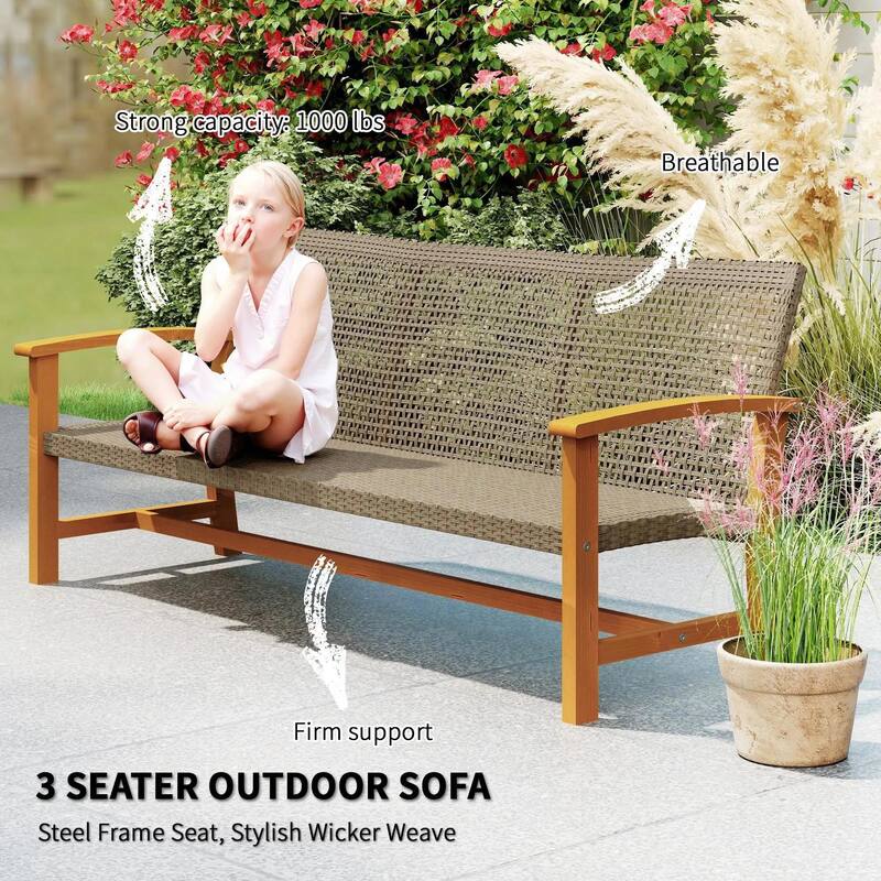 3-Seat Patio Wicker Sofa, Acacia Wood, Steel Armrests, 1000lb Capacity