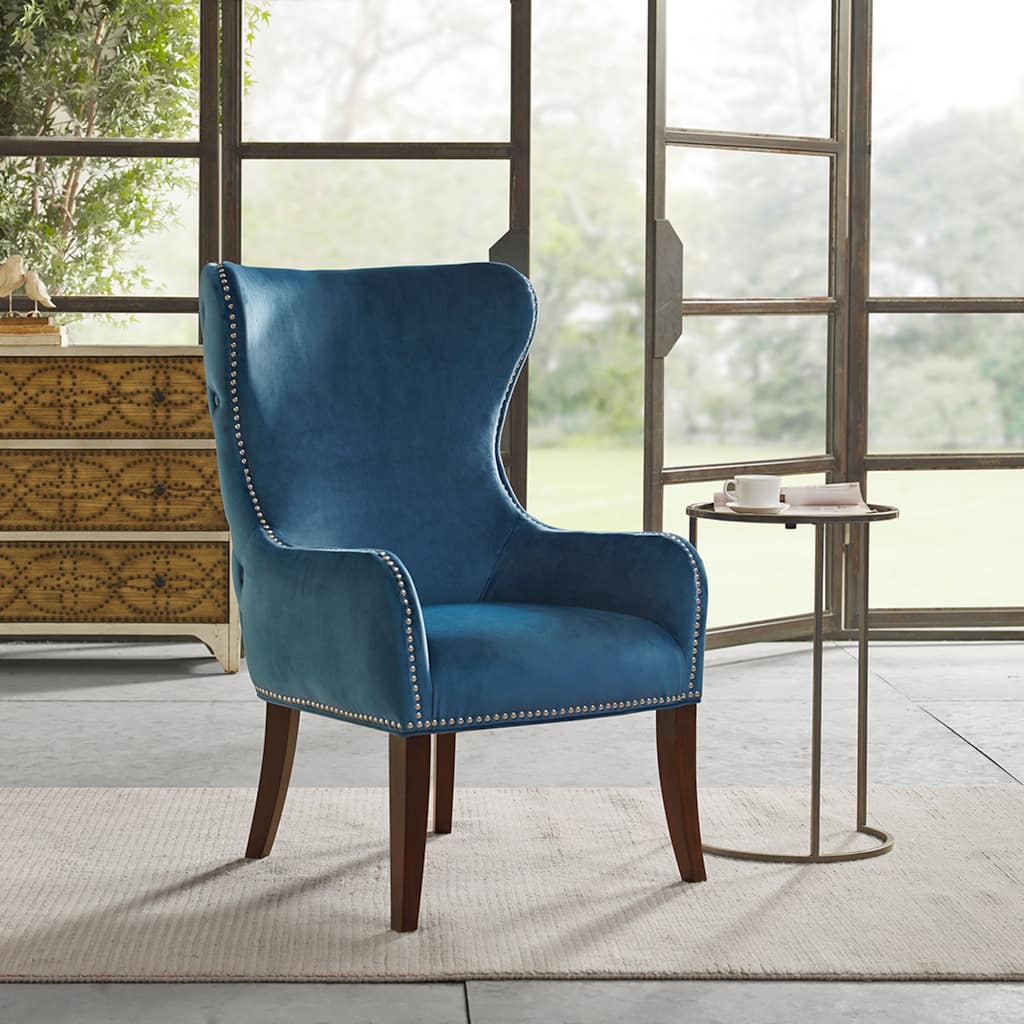Roomfitters Wingback Accent Chair with Button Tufted Back, Upholstered Lounge Chair with Nailhead Trim and Solid Wood Legs, Blue
