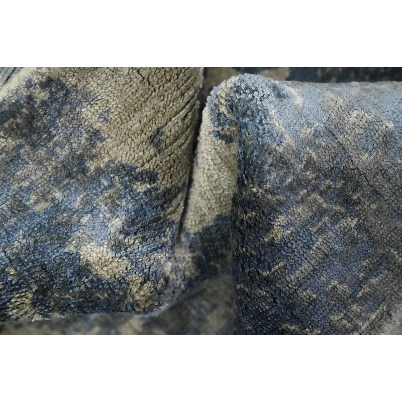 Hand Knotted Oriental Viscose Silk Carpet Modern All-Over Navy Blue & Blues Abstract Area Rug - 4' 7'' X 2' 7''