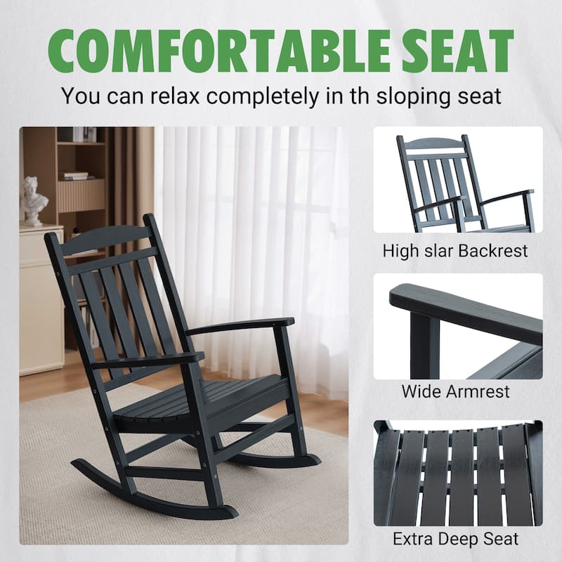 Outdoor Adirondack Rocking Chair, All-Weather Patio Rocking Chairs, HDPE Plastic Outdoor Rocking Chairs with Wide Back