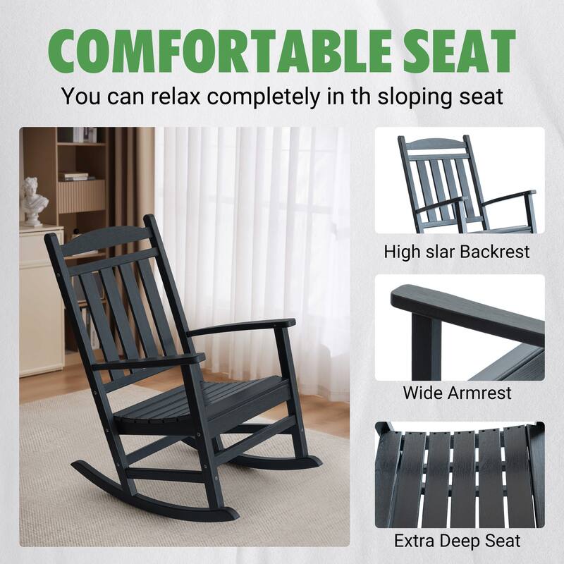 Outdoor Adirondack Rocking Chair, All-Weather Patio Rocking Chairs, HDPE Plastic Outdoor Rocking Chairs with Wide Back