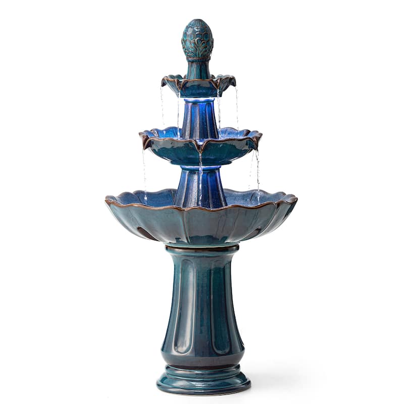 Glitzhome 45"H Oversized 3-Tier Pedestal Lotus Ceramic Resin Outdoor LED Fountains - Green - Lotus