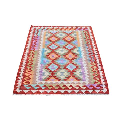 Shahbanu Rugs Colorful Geometric Design Natural Wool Reversible Flat Weave Afghan Kilim Hand Woven Oriental Rug (3'4" x 4'9")