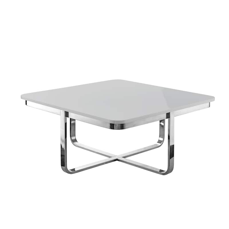 35" Sleek Square Coffee Table with Chrome Cross Legs and Stainless Steel Frame Modern Wood Design - 35.4”L x 35.4”W x 15.6”H - Light-Grey-Silver