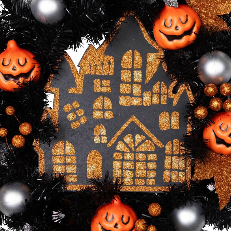 Glittered Haunted House Artificial Halloween Wreath - 24" - Unlit