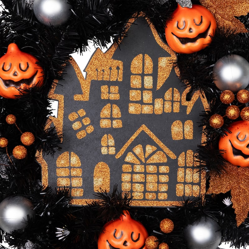 Orange and Black Haunted House Halloween Wreath 24-Inch Unlit