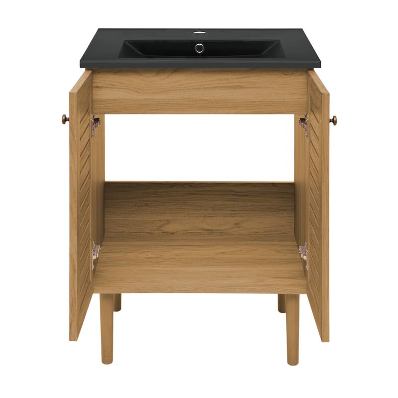Bron 24 In. Brown Oak Bathroom Vanity With Black Ceramic Sink Top