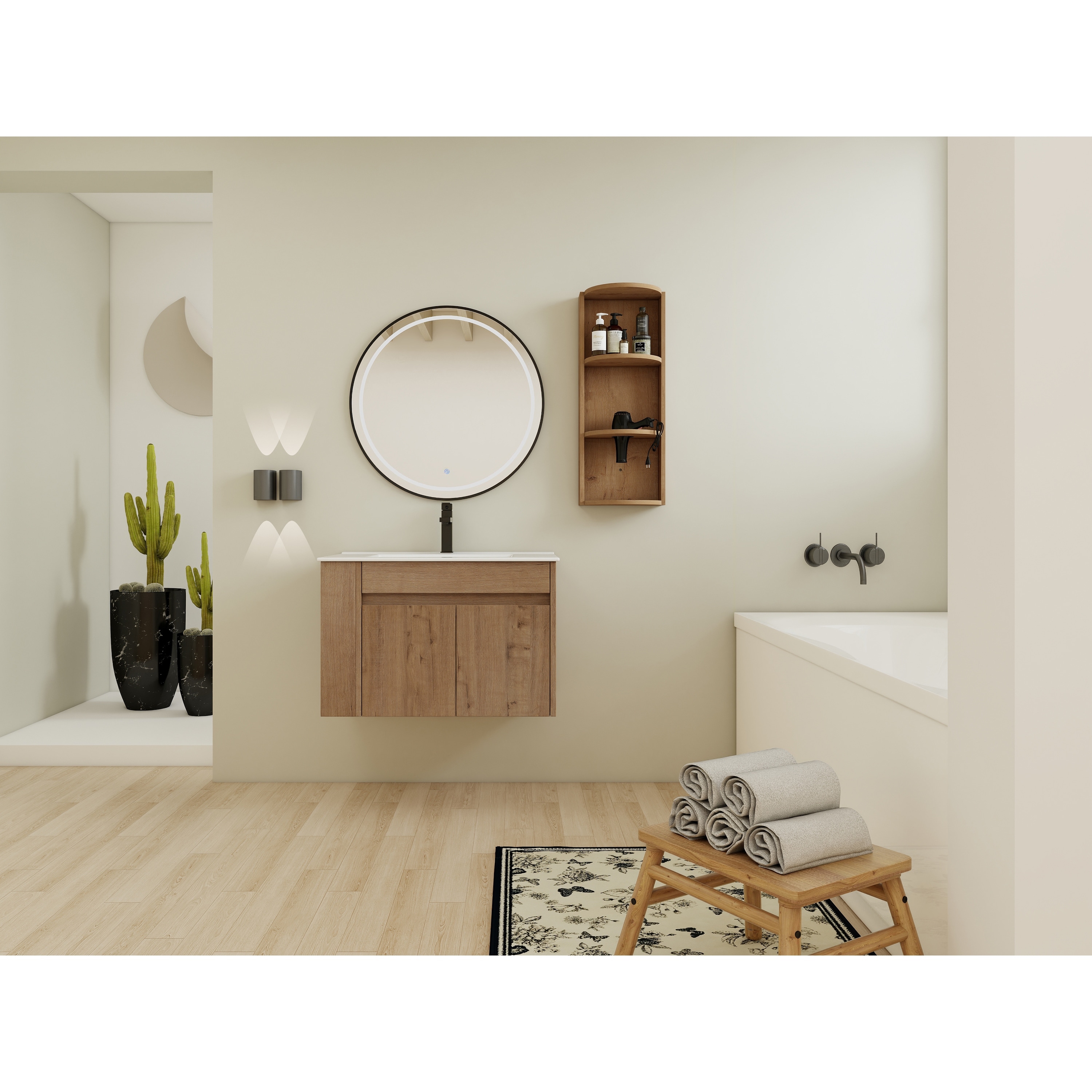 Wall Mounted Bathroom Vanity with Ceramic Sink, Floating Bathroom Cabinet Set with Storage Rack & Soft Close Doors