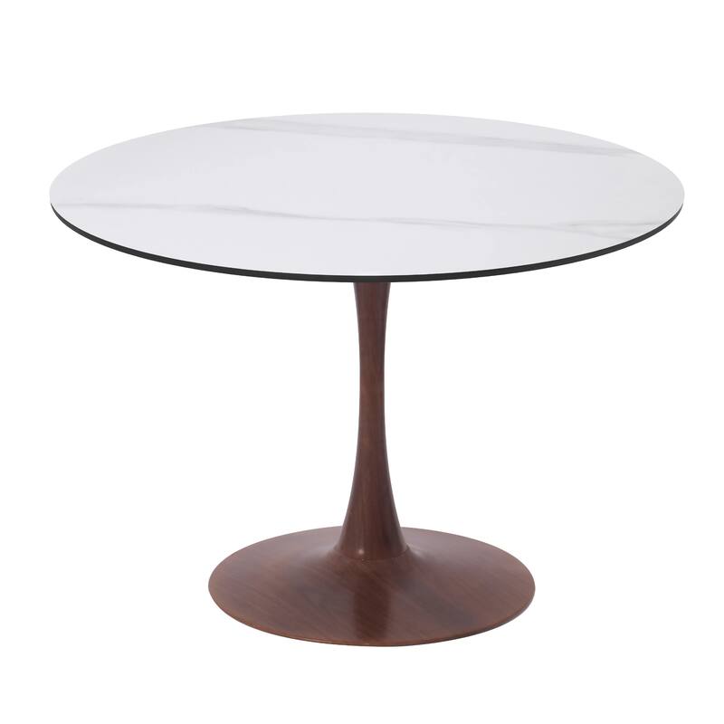 Bristol 40" Round Dining Table with Sintered Stone Top and Walnut Steel Pedestal Base for Modern Kitchen and Dining Room - White