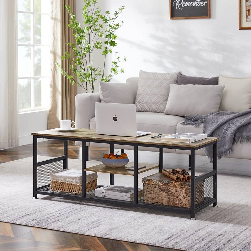 VECELO Industrial TV Stand for Televisions up to 80 Inch,70" Entertainment Center with Open Storage Shelves,Console Table