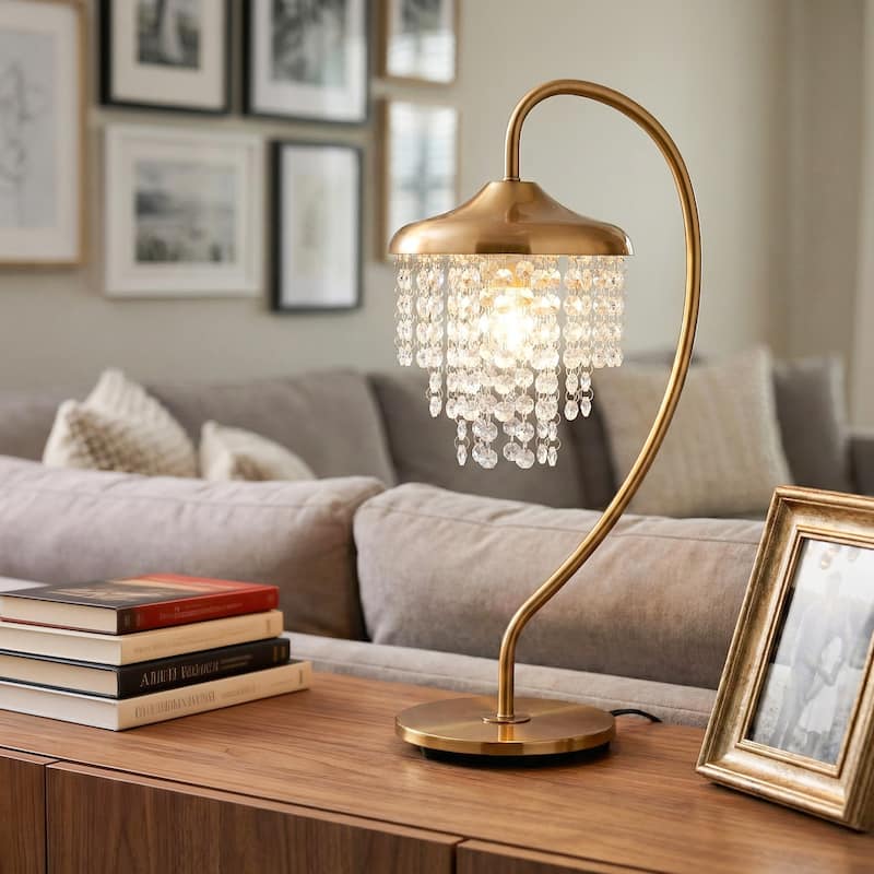 21" Modern Gold Crystal Arched Table Lamp with Dimmable Switch - 7.5" W x 21" H