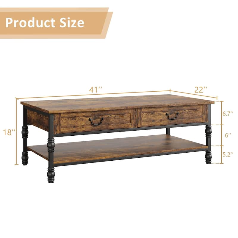 41" Coffee Table with 2 Storage Drawers, Rustic Coffee Tables