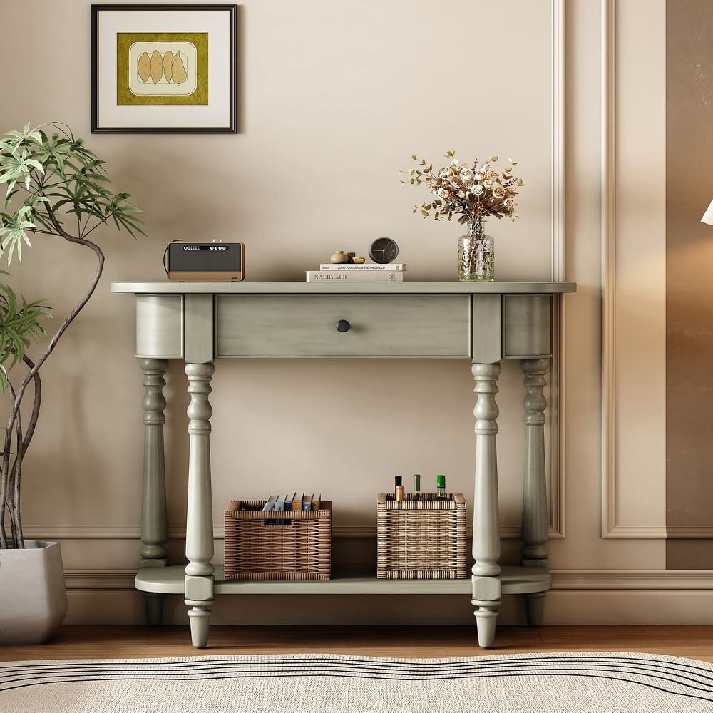 Corner Curved Console Table Sofa Table with Top Drawer and Open Shelf, Wood Entryway Table with Spindle Shape Legs