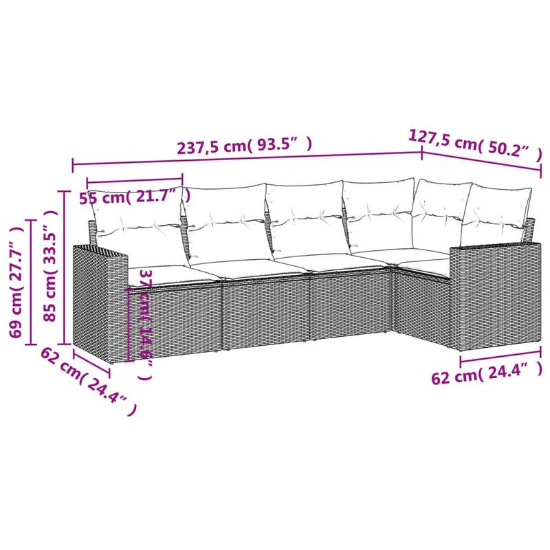 vidaXL Garden Sofa Set Black PE Rattan 5 Piece Adjustable Feet - 24.4 x 25.8 x 27.2