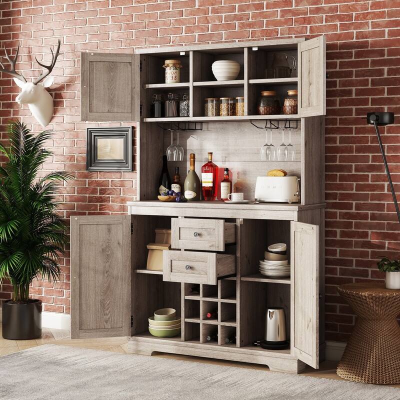 Farmhouse Home Bar Wine Storage Cabinet, Buffet Sideboard Kitchen Pantry with Adjustable Shelves, Drawers & Wine Glass Racks