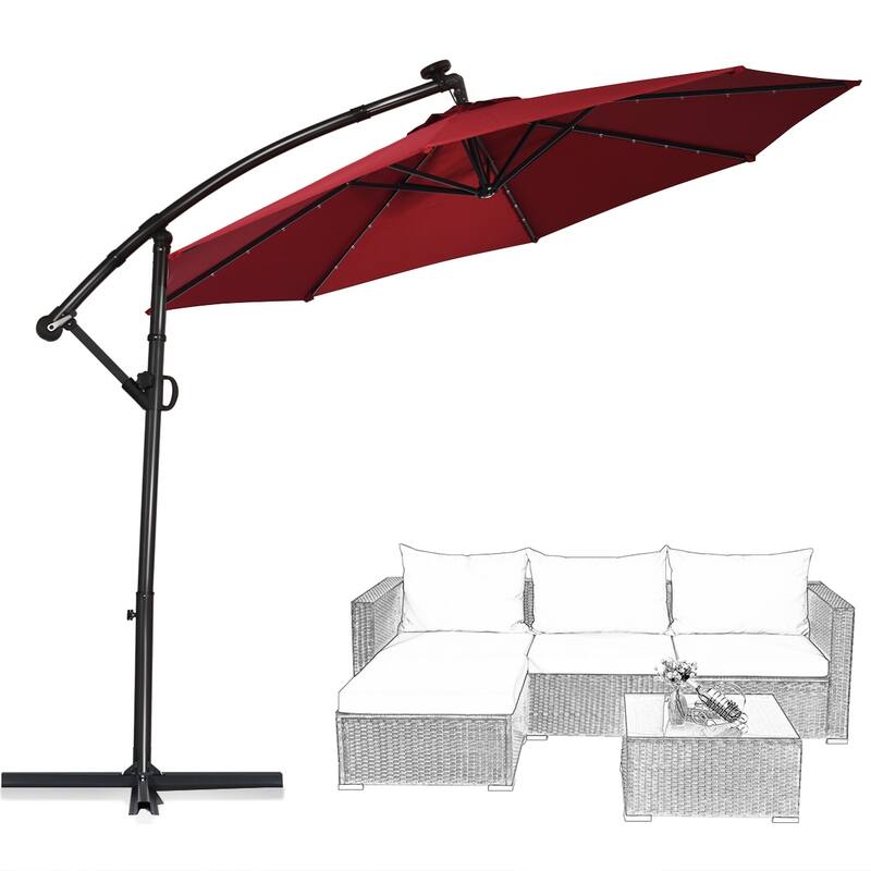 Costway 10FT Patio Offset Umbrella Solar Powered LED 360degrees