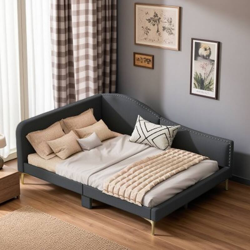 Full Size Upholstered Daybed with Linen Fabric, Headboard & Armrests, Sturdy Wood Frame, Ideal for Guest Rooms