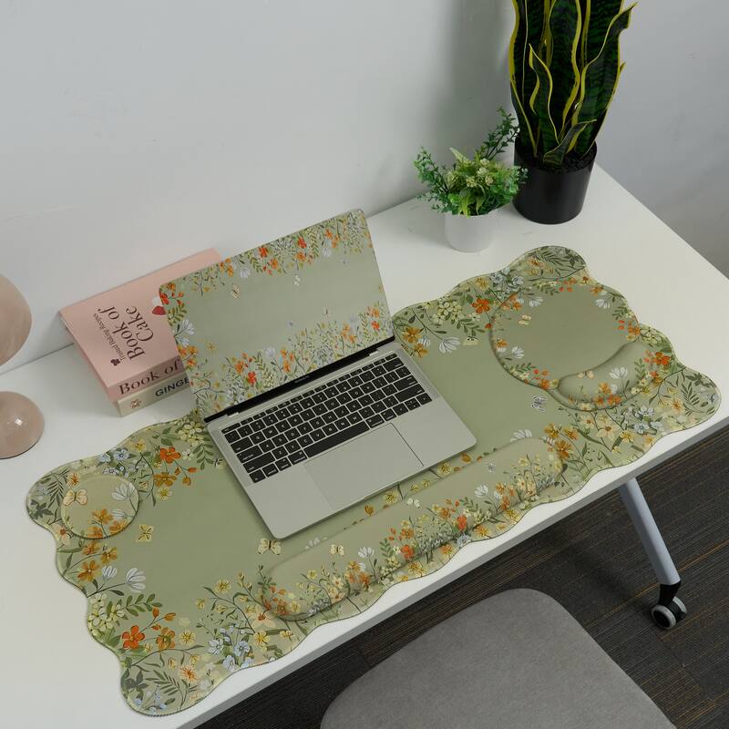 4Pcs Floral Ergonomic Desk Pad Set Flower Mat Desk Decor For Keyboard Laptop Computer - Fabric