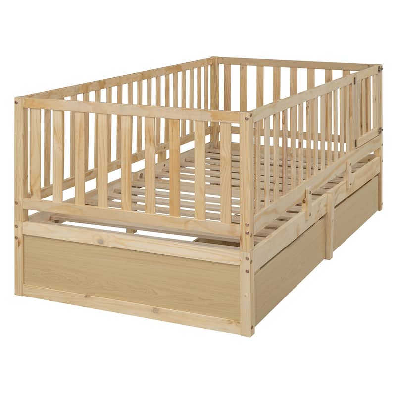 Natural Twin Size Solid Wood Daybed with Fence Guardrails and 2 Drawers, Split into Independent for Bedroom