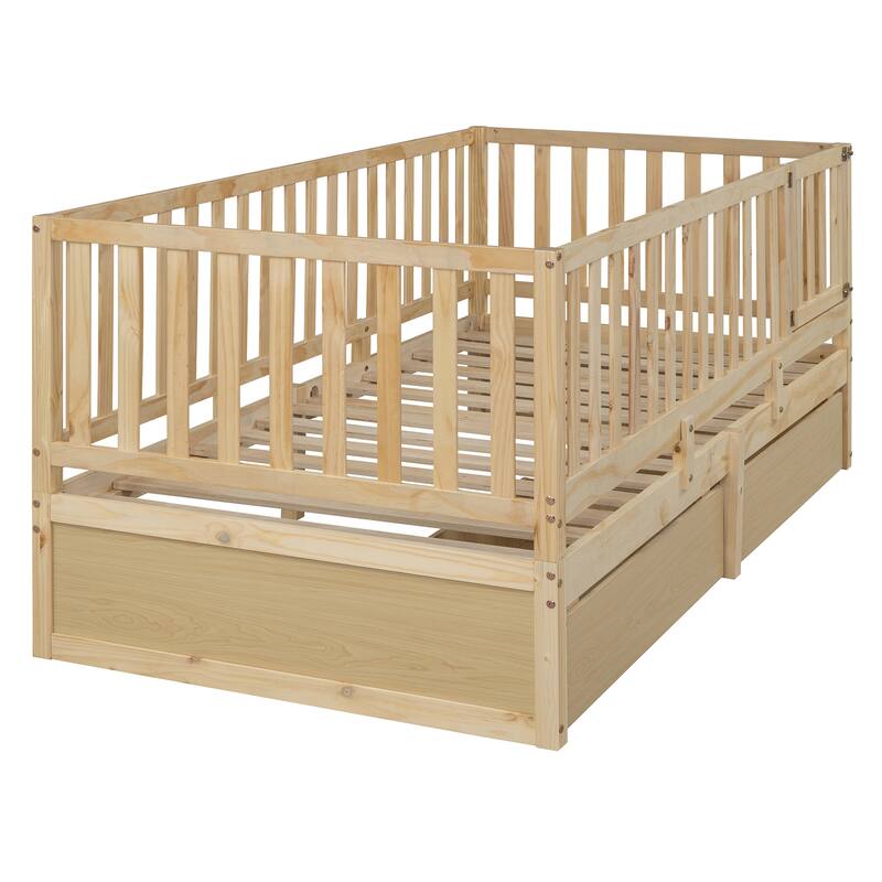 Twin Size Convertible Wood Daybed & Floor Bed with Fence Guardrails and 2 Drawers