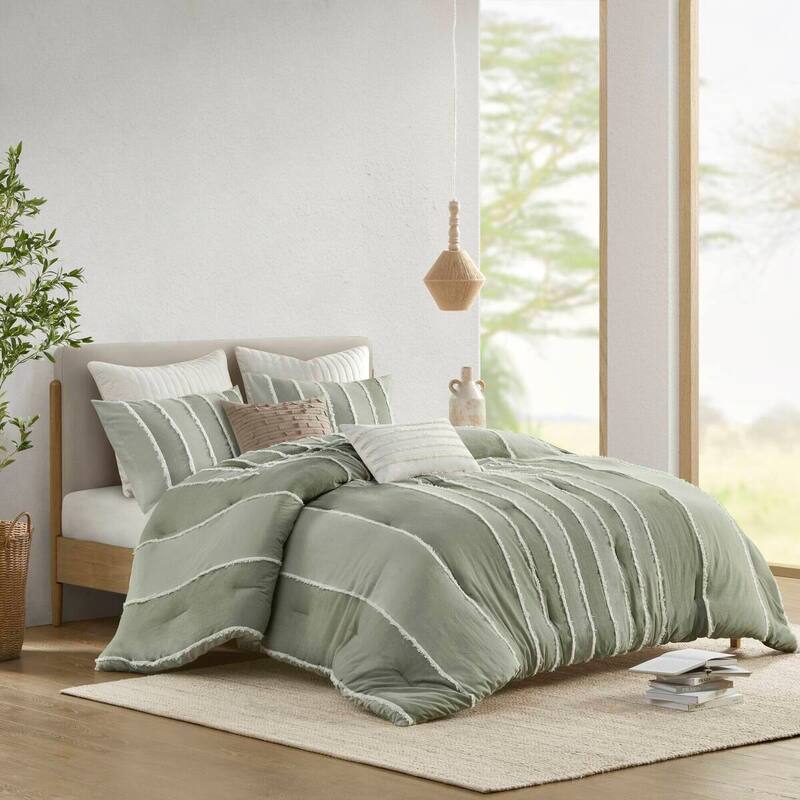 GDF Studio - Marceline Striped Cotton 3-Piece Comforter Set with Clip Jacquard Trim
