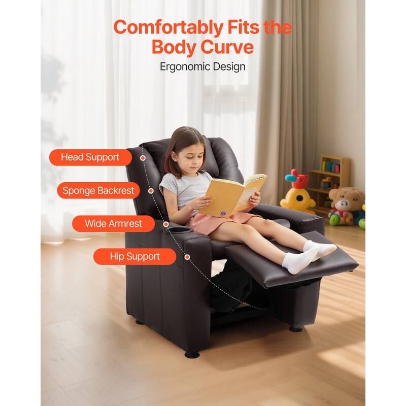 Kids Recliner Chair with Adjustable Backrest, Cup Holders and Leather Surface - 22.4 x 20.3 x 25.8 in