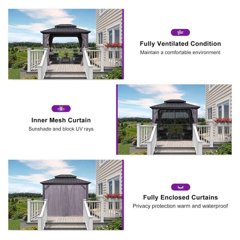 PURPLE LEAF Gazebo Outdoor Gazebo with Dual-Layer Galvanized Steel Double Roof Aluminum Gazebo with Netting and Curtains Grey
