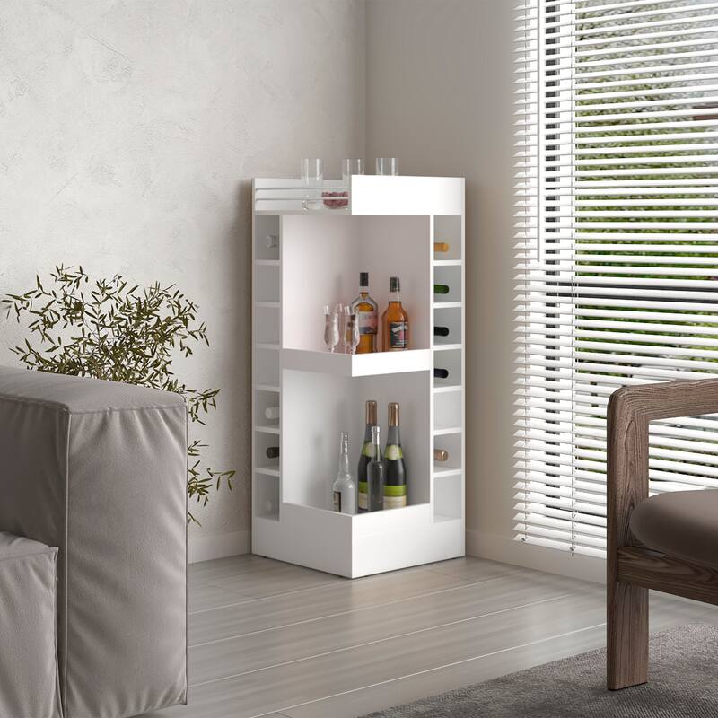 Modern Corner Bar Cabinet with Open Shelves and Wine Rack, Space-Saving Liquor Storage Solution