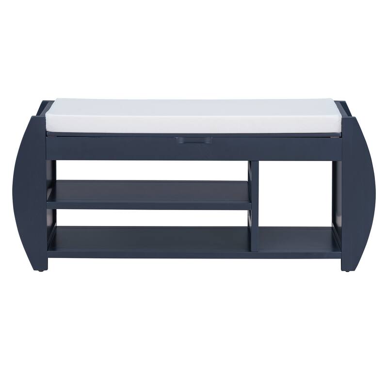 Shoe Bench 2-Tier Storage Bench with Cushion & Curved Side Holder, Wooden Panel Shoe Rack Organizer for Entryway, Living Room