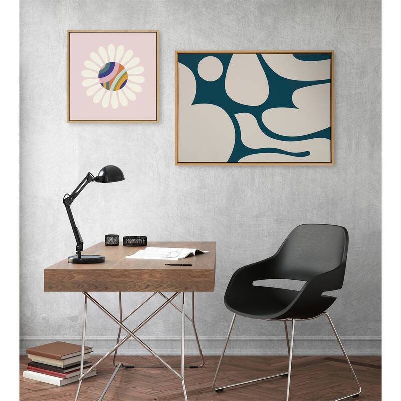 Kate and Laurel Sylvie Groovy Happy Abstract Dark Green Teal and Tan Framed Canvas by The Creative Bunch Studio