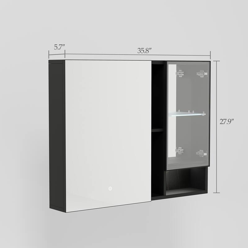 Recessed Mount Aluminum Frameless Medicine Cabinet With Glass Door, Adjustable LED Light, Mirrored Door, And Fixed Shelves