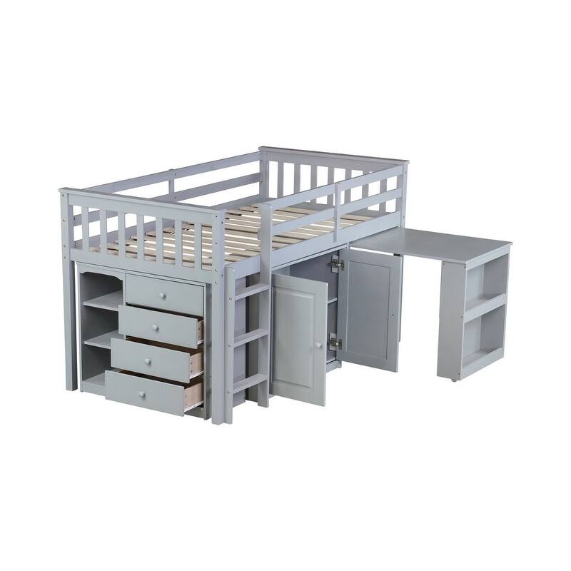 Twin size Loft Bed with Drawer and Shelf Cabinet and Pulling-Out Desk