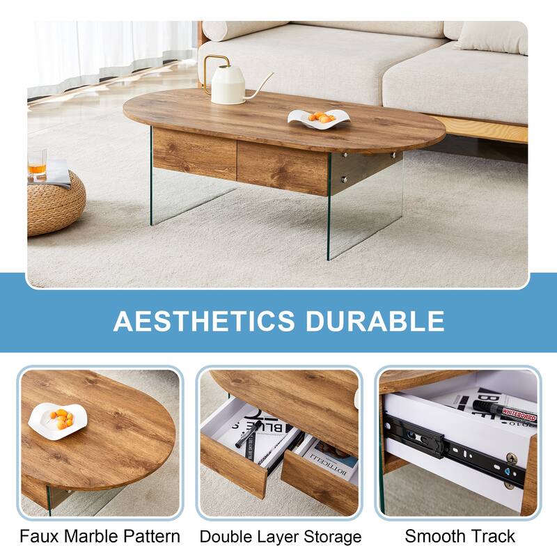 Coffee Table with Double Drawers Rectangular Side Table with Glass Frame Wooden Center Table Storage Coffee Table