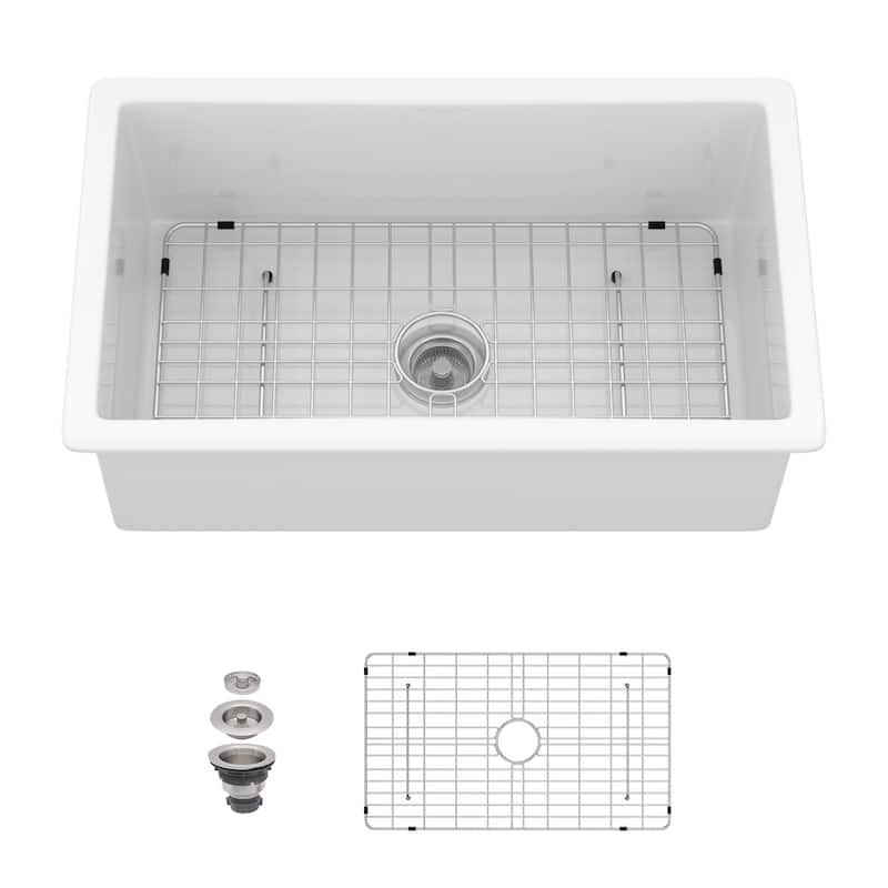 Undermount Single Bowl Fireclay Kitchen Sink - Dual Mount White Porcelain Fireclay Rectangular Deep Single Bowl Sink Basin