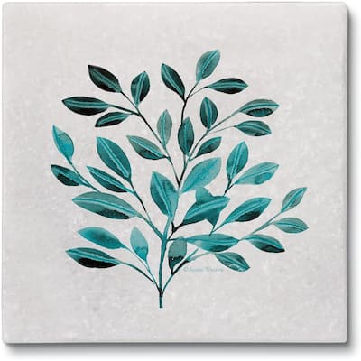 Leaves in Teal 4 Pack Natural Marble Cork Backed Coasters 4" x 4" x 0.43" Square Manufactured in The USA
