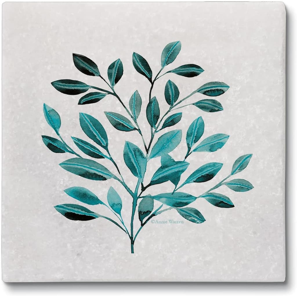 Leaves in Teal 4 Pack Natural Marble Cork Backed Coasters 4" x 4" x 0.43" Square Manufactured in The USA