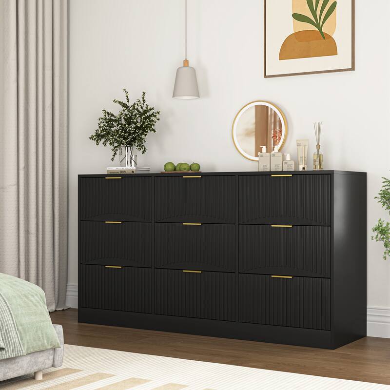 9 Drawer Dresser, 63" Large Deep Chest of Drawers, Wooden Dresser Storage Cabinet with 9 Drawers for Bedroom, Long Dressers