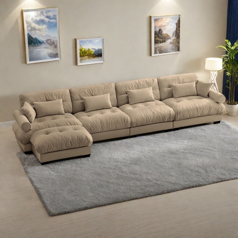 166" 4-Seat Velvet L-Shaped Sectional Cloud Sofa with Convertible Design, Bolstered Armrests, and Included Pillows