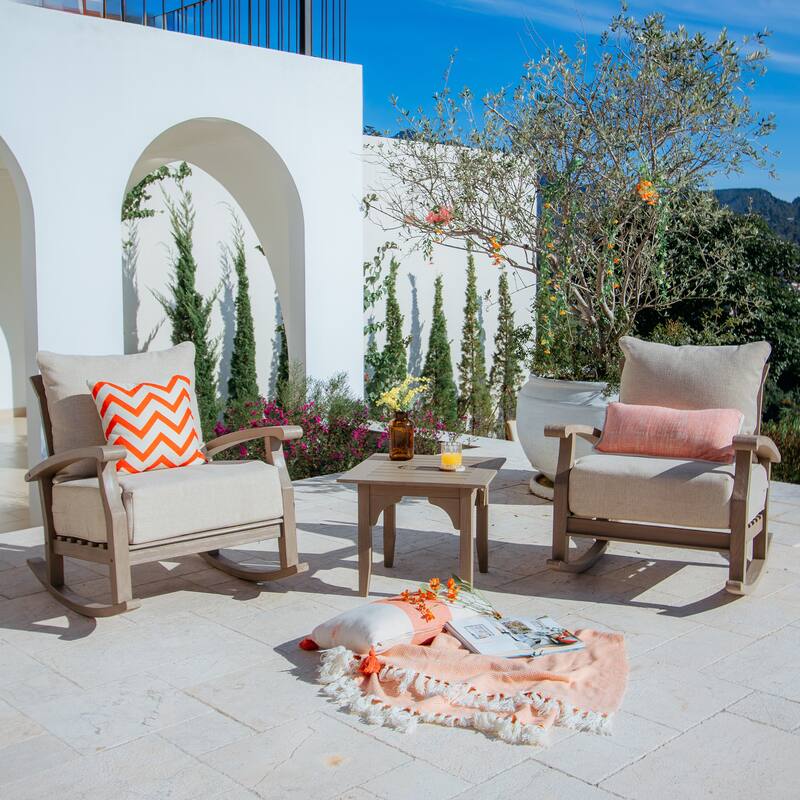 Cambridge Casual Leon 3-piece Teak Patio Rocking Chair Set with Cushion - Weathered Teak/Tan Cushion