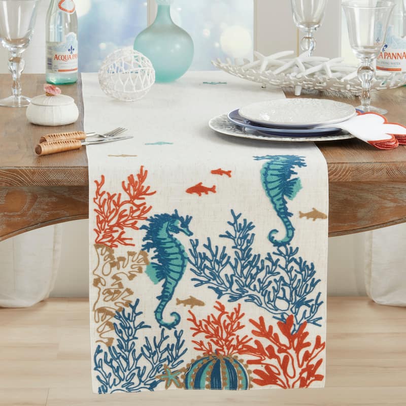 Linen Blend Sea Horse And Coral Table Runner - 16"x70"