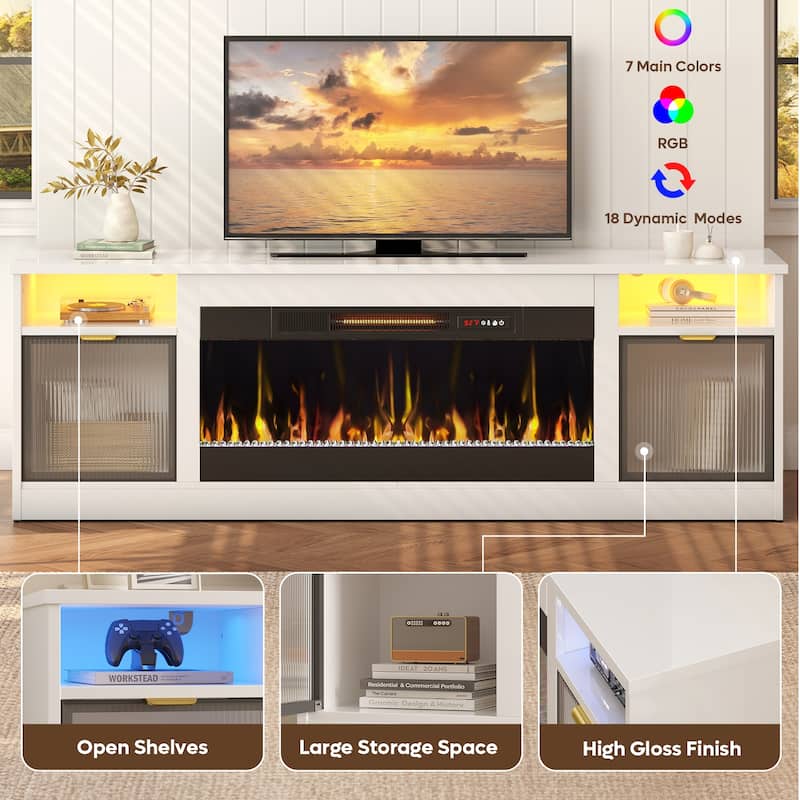 Bestier 71 in. Freestanding Fireplace TV Stand for TVs Up to 80 in. with Ample Storage in Glossy - 22.83hx71wx15.75d