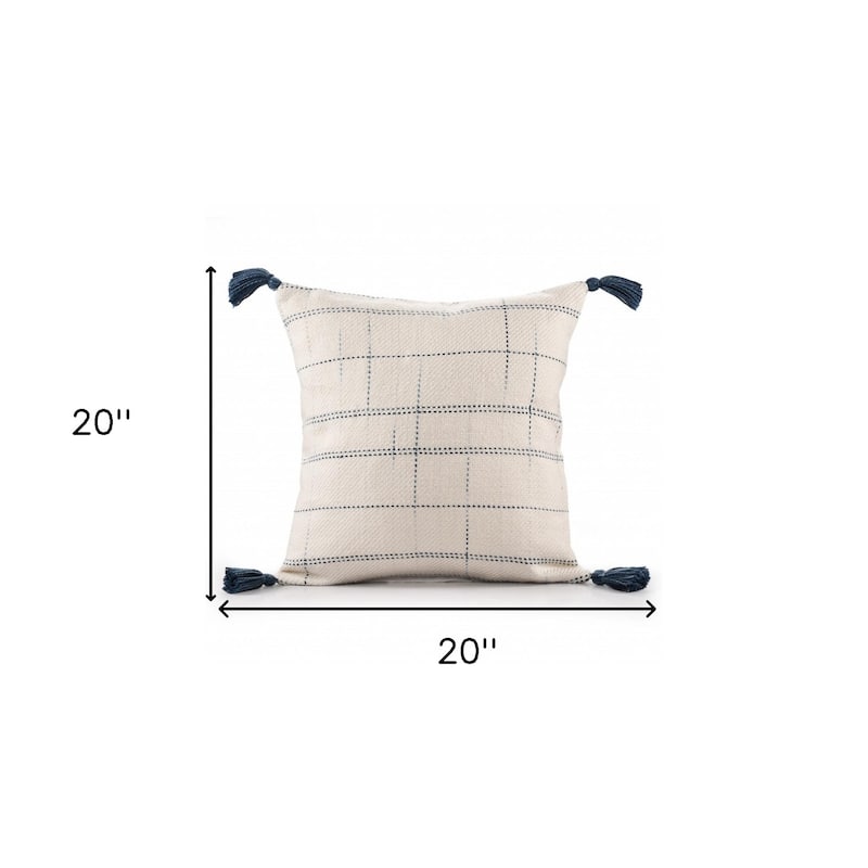 20" Ivory and Blue Throw Pillow