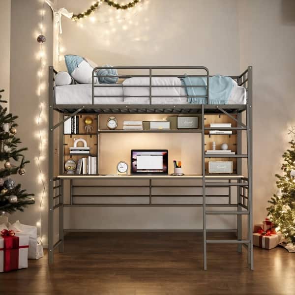 slide 2 of 18, Full Size Loft Bed With Desk And Storage Shelves And Ladder for Home Black