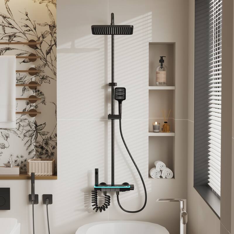 Shower System with LED Temperature Display, 4 Function Piano Button Shower Panel with Rainfall Shower Head, Handheld Shower