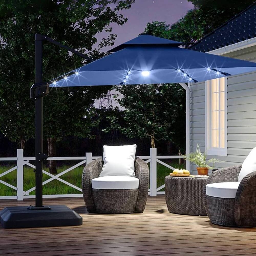 10' x 10' Cantilever Patio Umbrella with LED Lights & Weighted Base for Backyard, Deck, Pool