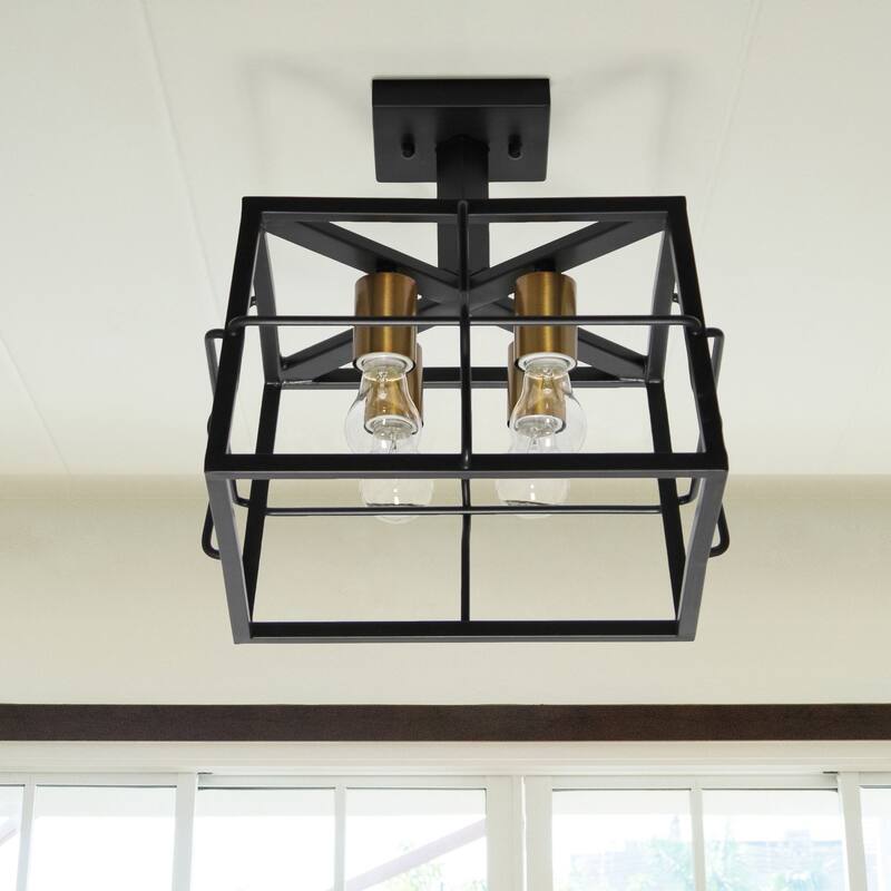 Four Light Decorative Squared Semi Flush Mount Ceiling Light Fixture - 13" - Black